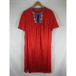 Vintage 70s 80s JCPenney Embroidered Nightgown Robe Set Women Medium Red Nylon